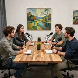 a group of 5 people talking on a podcast, oil on canvas