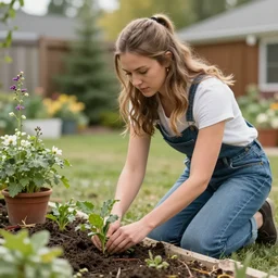 a beautiful canadian woman, on her kness, doing some light gardening,