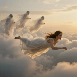 she dreamed of flying in the clouds with ghosts of yesteryear, golden hour, mystical, smooth, sharp focus, fantasy, 85mm, DOF, art by Caravaggio, Greg rutkowski, Sachin Teng, Thomas Kindkade, Norman Rockwell, Tom Bagshaw