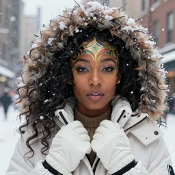 close up portrait of gorgeous african - american woman in a white parka and white gloves, falling snowflakes, snow covered urban background by artgerm, cushart krenz, greg rutkowski, mucha. art nouveau. gloomhaven, queen of winter, vibrant colors, sharp edges. ultra clear detailed. 8 k. elegant, intricate, octane render