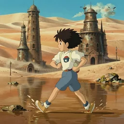 cartoon from howl's moving castle ( 2 0 0 4 ) of a runner in a beautiful flooded desert prison, hq, depth of field.