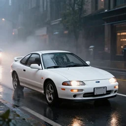 highly detailed, photo realistic, 1 9 9 9 white ford probe gt at night in the rain driving on a city street, dense fog, unreal engine, beautiful, raw, by greg rutowski, by stanley artgerm, by alphonse mucha