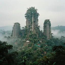 high - tech jungle city, volumetric light, foggy, moody, kodak photography, slow shutter speed
