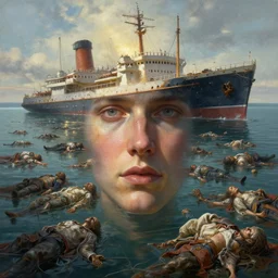 A lake crowned of floating dead bodies and a sunken ship digital painting, artstation, concept art, Sergey Kolesov , Breathtaking, 8k resolution, extremely detailed, beautiful, establishing shot, artistic, hyperrealistic, octane render, cinematic lighting, dramatic lighting, masterpiece, light brazen, extremely detailed and beautiful face