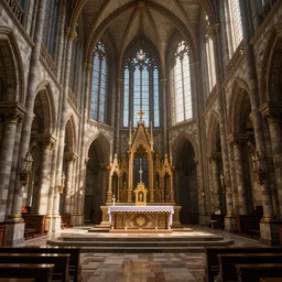 minecraft build of a detailed interior of a cathedral with an elaborate altar in the center with balconies along the side