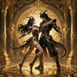 dancing with a female devil, Dark Souls 3 themed, in style of Ruan Jia, insanely detailed and intricate, golden ratio, elegant, ornate, luxury, elite, matte painting, cinematic, cgsociety, James jean, Brian froud, ross tran, Laputa
