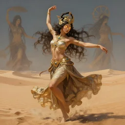 a goddess dancing in the desert, glowing eyes, fantasy, intricate, realism, highly detailed, digital painting, artstation, concept art, smooth and sharp focus, illustration, art by tan zi and ayanamikodon and alphonse mucha and wlop