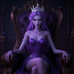 A photo of a skinny evil princess woman with light-purple hair wearing a diamond crown, sitting in a throne in a dark room. Low light. 3D Render