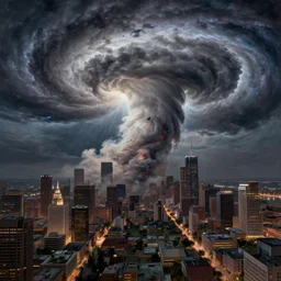 an ultradetailed landscape painting of a cosmic hurricane over houston, looming ominous over a city, hurricane, lighting, tornados, intricate detail, cinematic, 8 k, cel shaded, volumetric lighting, octane render, art by greg rutkowski, jeong seon, in the style of magic the gathering
