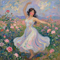 beautiful tan mexican woman, dancing in a field of roses, full body, prominent rosy cheek bones, black hair and brown eyes, monet art style,