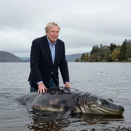 Sir David Attenborough at a lake, with Loch Ness Monster Nessie plesiosaur in the water