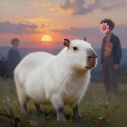 lovecraftian white capybara, surreal photography, sunrise dramatic light, impressionist painting, digital painting, artstation, kilian eng, john harris, bastien lecouffe - deharme, simon stalenhag, flower face