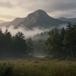 forest of foggy trees with a field in the front, majestic landscape, dusk, very detailed, octane render, realistic, 8 k, unreal engine 5, dramatic, volumetric, mountain, morning, greg rutkowski