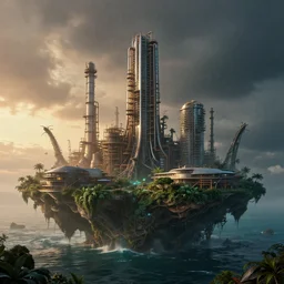 industrial architecture by moshe safdie, architecture island hyperrealism tron at dawn dramatic lighting evil atlantis rainforest sea universe at dusk alien nature sunlight vice city otherworldly postcyberpunk apocalyptic dieselpunk water, archdaily, wallpaper, highly detailed, trending on artstation.