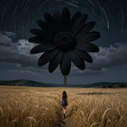 giant black daisy flower over head, girl walking in wheat field, hills, surreal photography, dark night, star trails, dramatic light, impressionist painting, clouds, digital painting, artstation, simon stalenhag