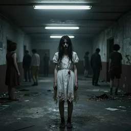 creepy mangled woman wearing white dress standing in the backrooms, the eerie forlorn atmosphere of a place that's usually bustling with people but is now abandoned and quiet, buzzing fluorescent lights above the ceiling, unsettling images, liminal space, dark,