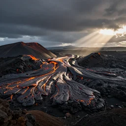 a volcanic lava mountain terrain, matte painting, dynamic lighting