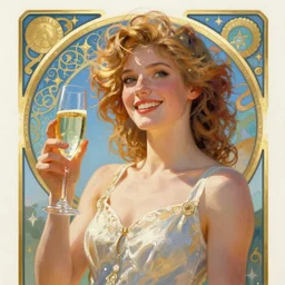 art nouveau poster, woman with a glass of champagne, cheerful, bright, clear colors