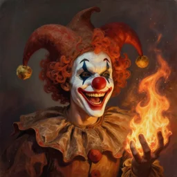 oil matte portrait, jester wearing brown rags clown wig clown nose laughing immune to fire magic. digital painting, fantasy, concept art, cinematic colors, realistic shaded. by ilya kuvshinov, magali villeneuve, artgerm, greg rutkowski