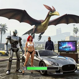 A GTA 5 game loading screen featuring A Pterodactyl, robot9000, a redhead sexy Playboy bunny, CHAPPIE in an Adidas track suit, and a TVR Sagaris