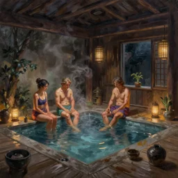 painting of interior of cozy onsen hot spring by greg rutkowski craig mullins, volumetric lighting fantasy dark atmospheric cinematic lighting, trending on artstation