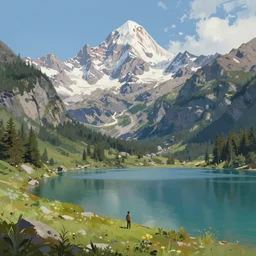 digital painting of mountain landscape with a lake and character near the water by philip sue art, by philip sue, featured on artstation