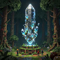 4k Forest Pylon large stone or crystal hovering and rotating above a biome-themed stand from Terraria Game , Surrounded deep forest from terraria game by Craig Mullins, ilya kuvshinov, krenz cushart, epic , artgerm trending on artstation by Edward Hopper and Dan Mumford and WLOP and Rutkovsky, beksinski carl spitzweg moebius and tuomas kocar, intricate artwork by caravaggio, Unreal Engine 5, Lumen, Nanite