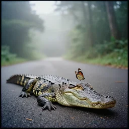 a lomography photo of hybrid crocodile and butterfly on foggy forest road this morning, bokeh,
