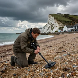 a metal detectorist scoured the beach of the Jurassic Coast harbour village of West Bay, Dorset, digital art