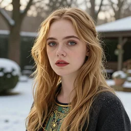 Elle Fanning, head and shoulders masterpiece, in the snow, golden hour, in a garden, artstation, in the style of Art Deco and Fernando Botera and Bosch, extremely detailed