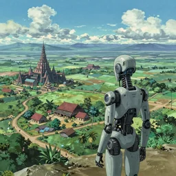 a lone cyborg stares out at the expanse of the cambodian swag zone of 2 0 7 8, landscape, cyberpunk, by tsutomu nihei, katsuhiro otomo, kentaro miura, moebius, studio ghibli
