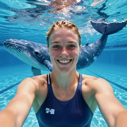 Selfie of Katie Ledecky with a blue whale, in an Olympic swimming pool