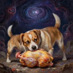 the tiniest, angriest dog eats whole chicken, cosmic horror painting, elegant intricate digital painting artstation concept art by mark brooks and brad kunkle detailed