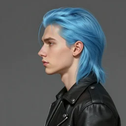side profile of ilya kuvshinov with long hair, sky blue hair, hazel eyes, boyish face, black leather jacket, professional digital painting, concept art, award - winning photography, cinematic, stained glass window, wlop, art by andy warhol, pixiv art, yoshitaka amano