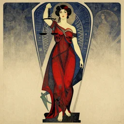 ( ( dither ) ), editorial illustration full body portrait of lady justice, modern art deco, red + black + dark blue + beige, ( ( mads berg ) ), christopher balaskas, victo ngai, rich grainy texture, detailed, dynamic composition, wide angle, gustav klimt, alphonse mucha