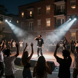 photorealistic render an old school hip hop concert taking place on a basketball court behind a large brick apartment at night from the view of a rapper that is standing on stage yelling into the mic, many people dancing with their hands in the air, a dj with audio equipment at the back of the stage, photorealistic, octane render, unreal engine, foggy, light streaks