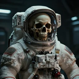 movie film still of a skull in a spacesuit in a spaceship, astronaut, highly detailed, 4 k, dark, gritty, cyberpunk, science fiction, cosmic horror