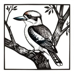 “ linocut, coloured, of kookaburra in a gum tree, bold, striking ”