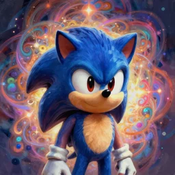 a digital painting portrait of Sonic the Hedgehog in the style of Alex Grey and Shpongle, psychedelic DMT Sonic fractal swirls