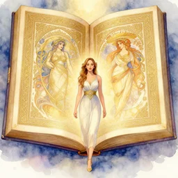 jennifer lawrence in front of an big open quran highly detailed, gold filigree, romantic storybook fantasy, soft cinematic lighting, award, disney concept art watercolor illustration by mandy jurgens and alphonse mucha and alena aenami, pastel color palette, featured on artstation