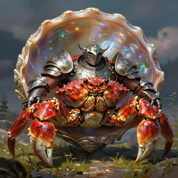 nacreous shell knight crabman anthropomorphic valley. mathias kollros mark winters villeneuve lie setiawan lius lasahido manuel castanon. portrait vivid intricate vibrant elaborate inks unreal engine render.