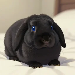 cute black lop rabbit, blue eyes, bed, hd, soft lighting, makoto shinkai, lois van baarle