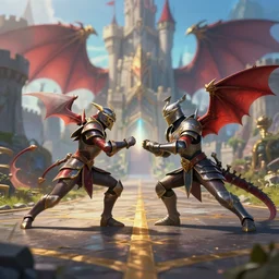 knights and dragon league of legends style fight on road near castles, center camera composition, 2 5 mm, bokeh, by studio ghibli, makoto shinkai, by artgerm, by wlop, by greg rutkowski, volumetric lighting, movie action scene, 8 k, lumen reflections, sharpened, insanely detailed and intricate, elegant, ornate