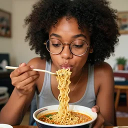beautiful african american young woman with large round glasses, wearing a tanktop, eating ramen in her messy apartment, digital art by Artgerm, Mark Arian, Rolf Armstrong, extreme close up, depth of field