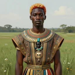 a professionally painted african male model , clothed in ancient suit, dark skin, red gold hair, beautiful bone structure, symmetrical features, stunningly beautiful, intricate, elegant, digital painting, smooth, sharp focus, illustration, made by Kehinde Wiley, Kara Walker, Jacob Lawrence, Sam Gilliam, Edmonia Lewis, in a open green field