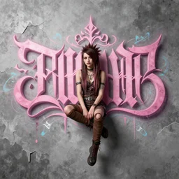highly detailed matte painting, of punk girl sitting on 3 d calligraphy graffiti tag light eroding grey walls, by atey ghailan, by greg rutkowski, by greg tocchini, by james gilleard, by joe fenton, by kaethe butcher, pink, brown, light blue and white mystical color scheme, grunge aesthetic, octane render