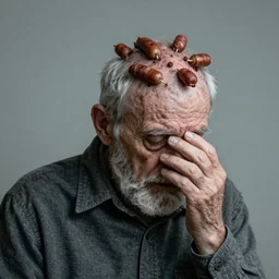 sad old man with sausage tumours growing from his head, ultrarealistic, 8k, wide shot,