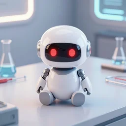 a cute rounded tiny harmless robot, made out of shiny white metal, red led eyes, sitting on a lab table, surrounded by lab tools, 3 d hyper realistic render, white neon lighting, pixar style, futuristic, science fiction, high angle close up shot, macro, technologic