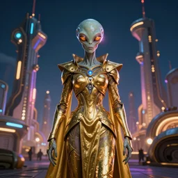 an alien with beautiful glowing eyes, beautiful symmetrical face and skin, wearing a long flowing cloth shirt over stylish large futuristic golden armor suit poses beside an outpost with tall structures with lights at night, beautiful colorful, incredible detail, anamorphic 2 0 mm lens cinematic flare