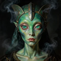 a baroque neoclassicist close - up portrait of an emerald alien witch with big glowing eyes wearing a retrofuturistic tribal mask and war paint. iridescent and reflective skin and silk. head, face and shoulders, foggy black background. white smoke. renaissance portrait painting. sci - fi retrofuture. highly detailed science fiction painting by norman rockwell, frank frazetta, syd mead and moebius. rich colors, high contrast, gloomy atmosphere, dark background. trending on artstation.